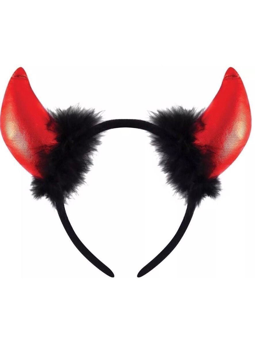 Devil Horns Halloween Fancy Dress Headband Ladies Metallic PVC Fluffy Horns