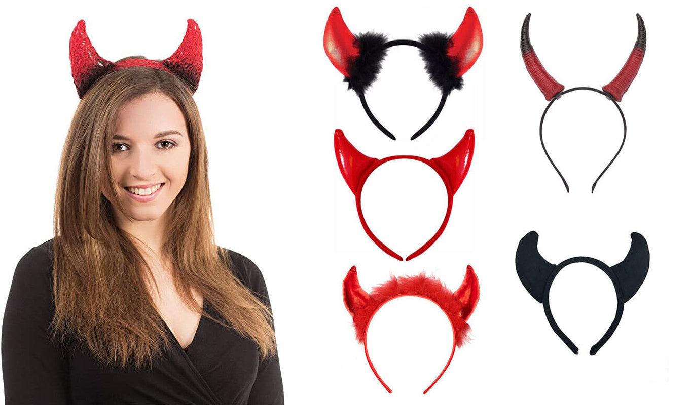Devil Horns Halloween Fancy Dress Headband Ladies Metallic PVC Fluffy Horns