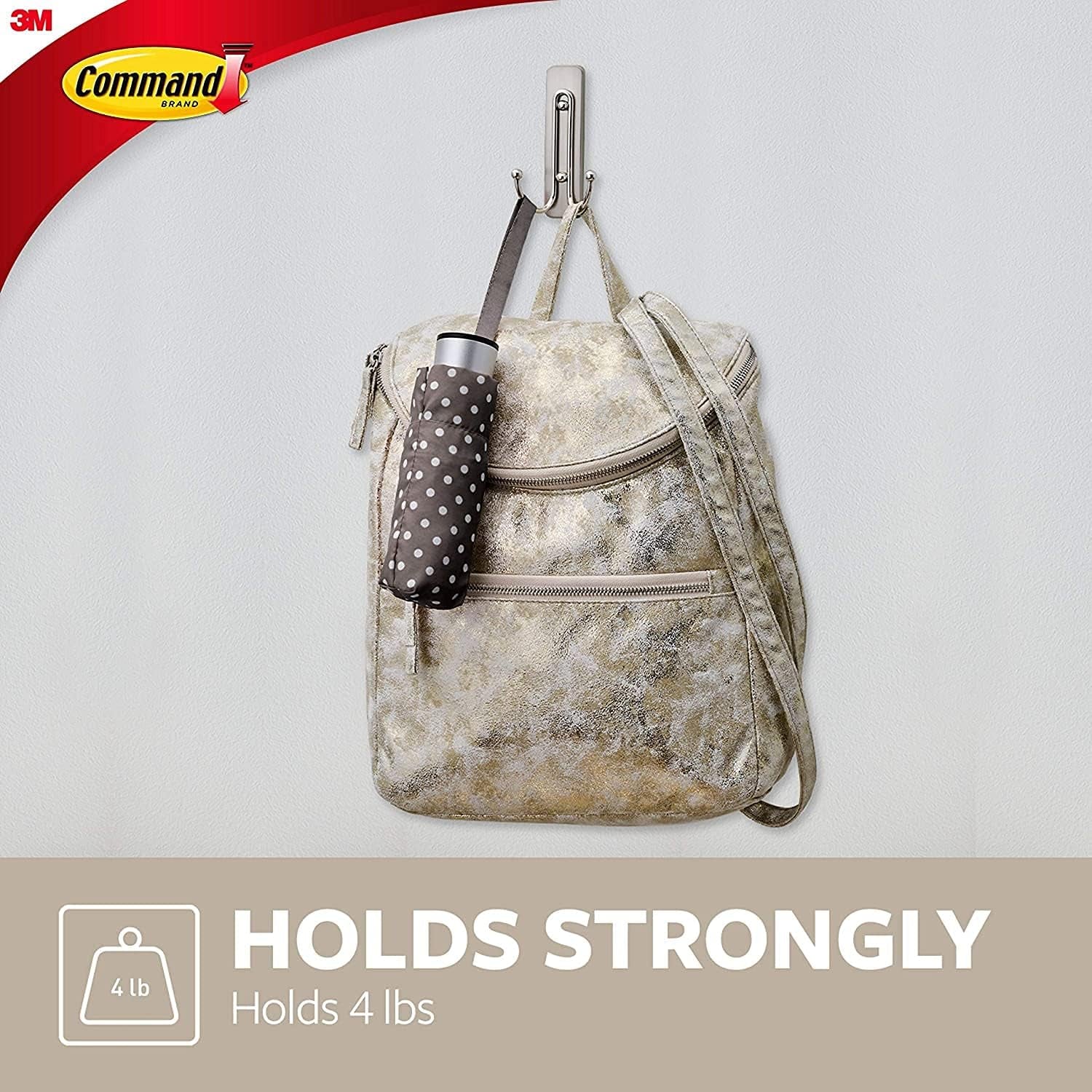 Designer Hooks, Medium, Brushed Nickel, 3-Hooks (17081BN-3ES), Great for Dorm Decor