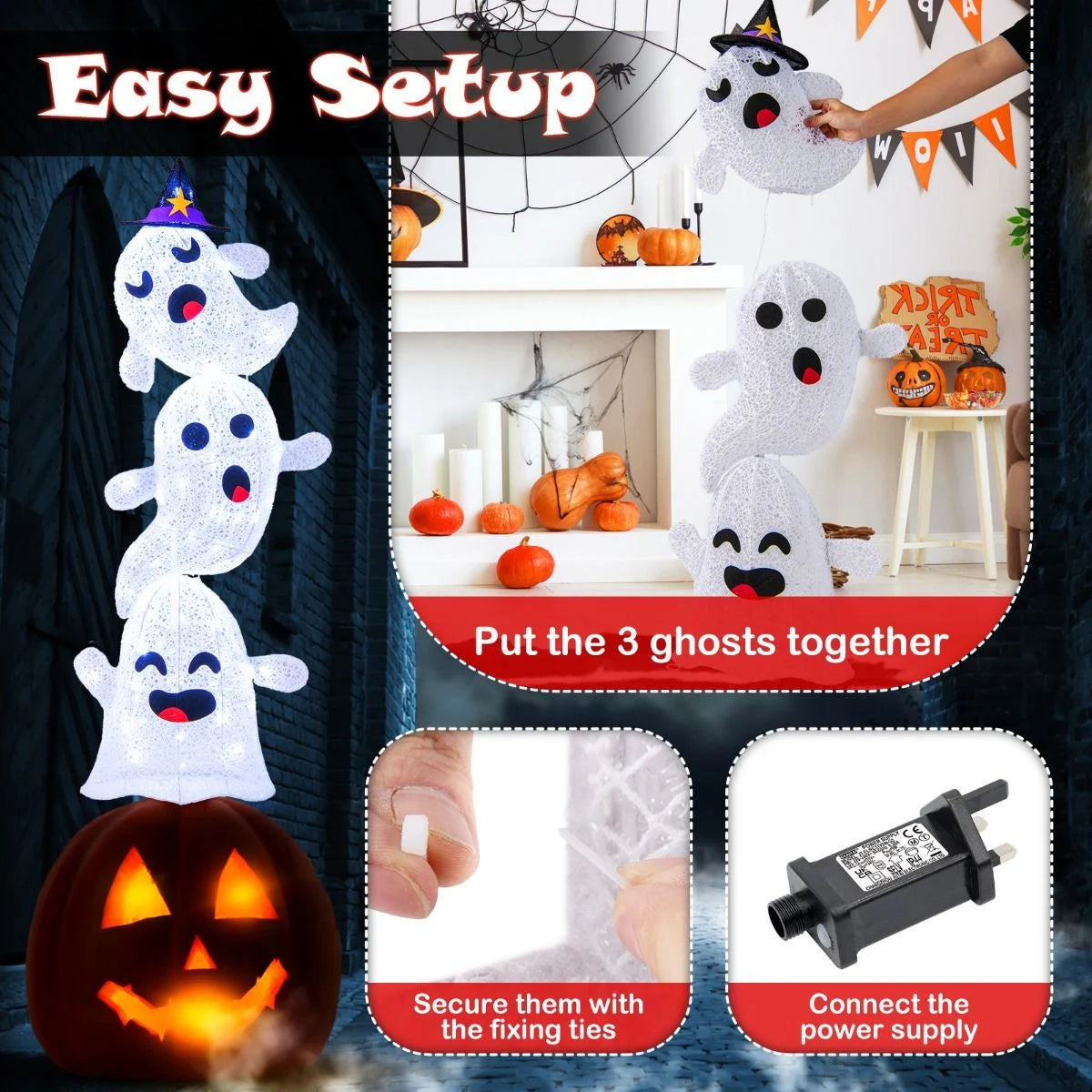 4 FT Lighted Stacked Ghosts with 120 LED Lights and 4 Metal Ground Stakes