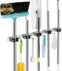 5 Holders+4 Hooks Broom Holder Wall Mounted with Nails Installation, Heavy Duty Stainless Steel Mop Holder, Brush Mop and Broom Storage Self Adhesive