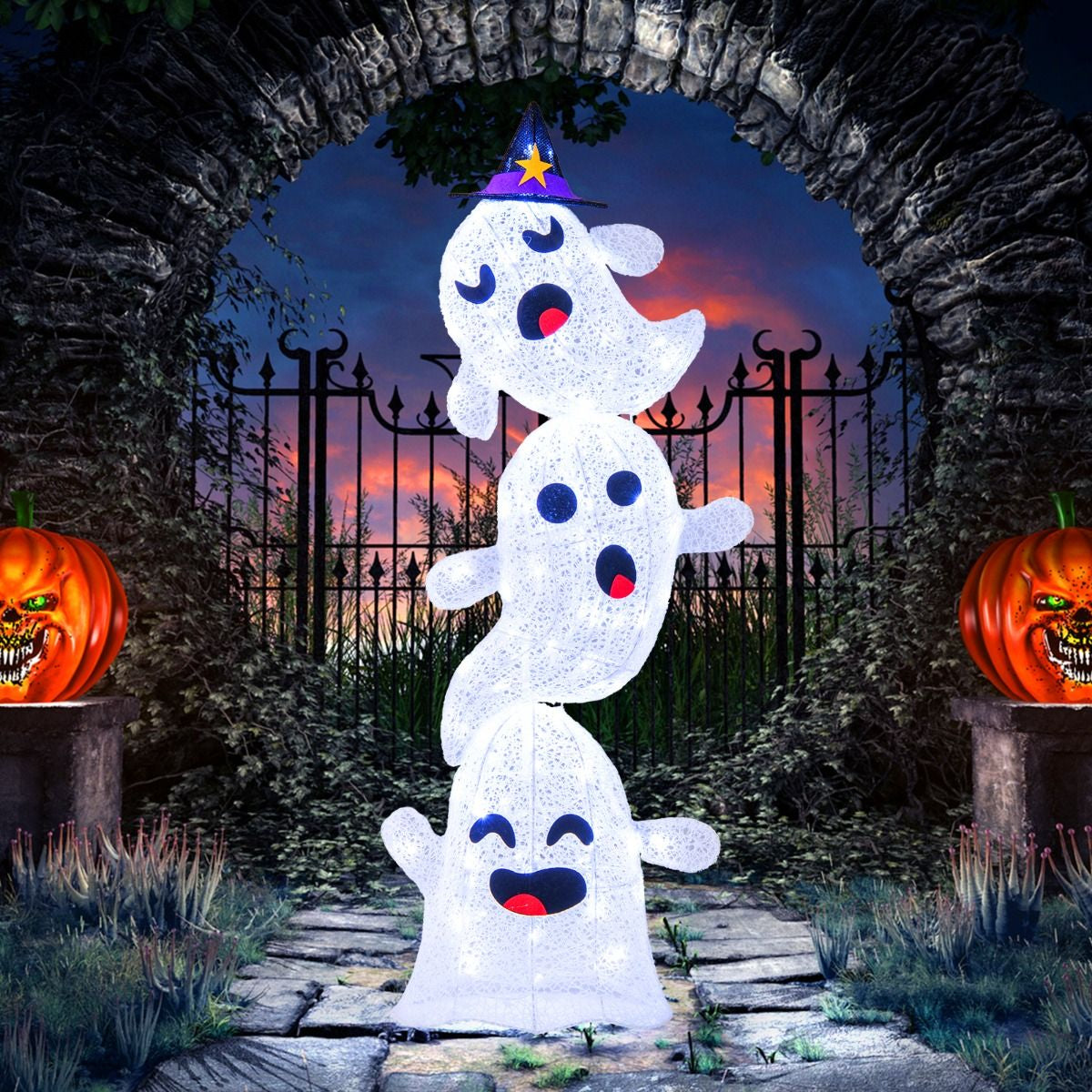 4 FT Lighted Stacked Ghosts with 120 LED Lights and 4 Metal Ground Stakes