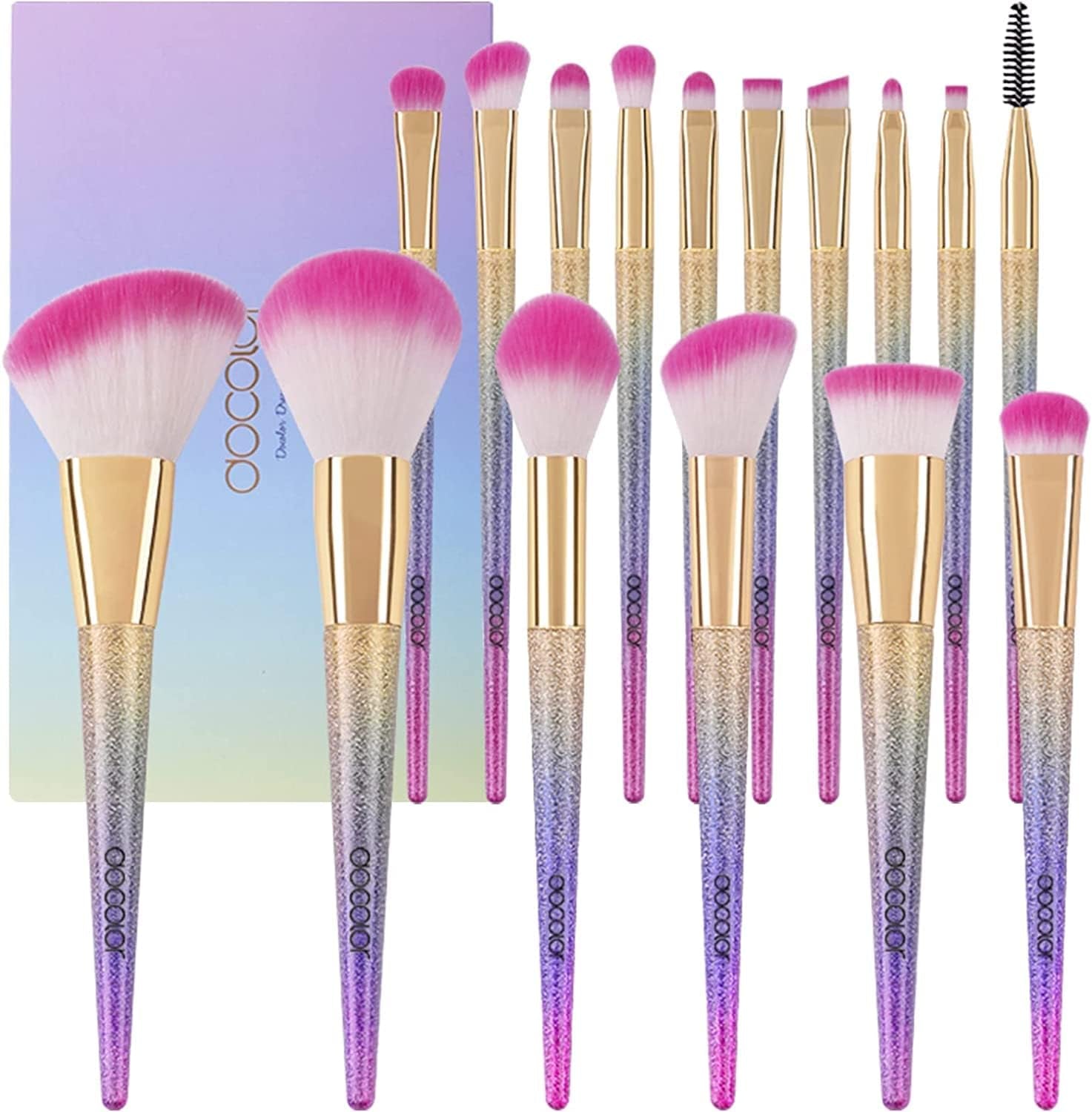 16Pcs Makeup Brushes Set, Professional Make up Brushes with Gift Box, Foundation Eyebrow Concealer Eyeshadow Bronzer Blush Contour Powder Eyeline Lip Makeup Brush Set, Rainbow Series