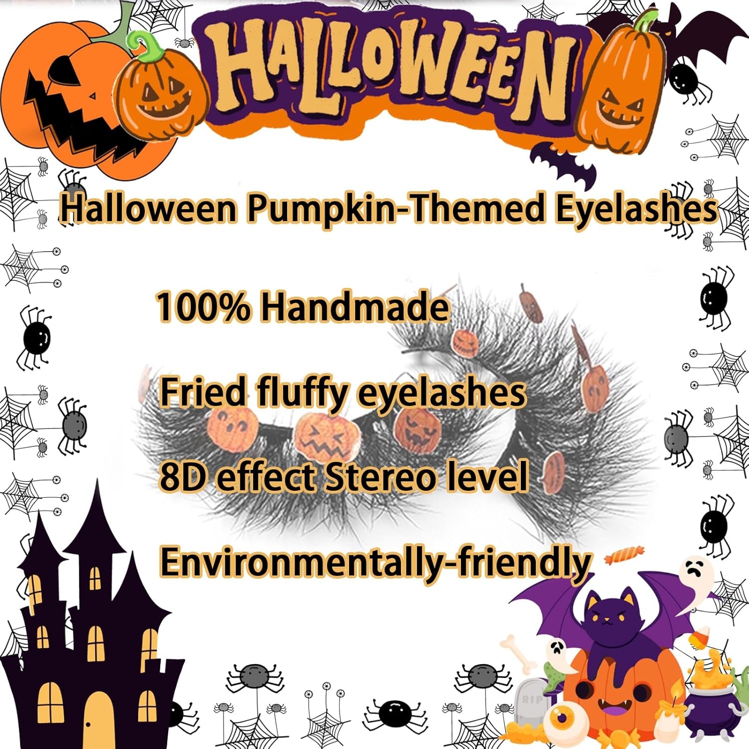 Halloween Eyelashes 3D Halloween Lashes Natural Pumpkin Eyelashes Reusable Eye Lashes Halloween False Eyelashes Natural Look Fake Eyelashes for Halloween Party, Halloween Cosplay, Gifts for Girls