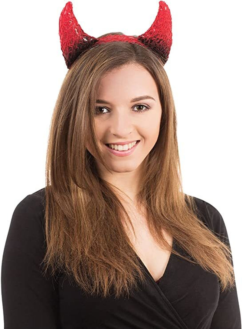 Devil Horns Halloween Fancy Dress Headband Ladies Metallic PVC Fluffy Horns