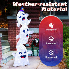 4 FT Lighted Stacked Ghosts with 120 LED Lights and 4 Metal Ground Stakes