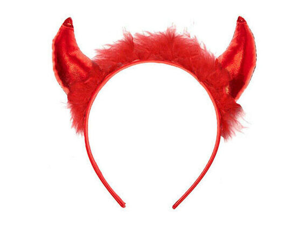 Devil Horns Halloween Fancy Dress Headband Ladies Metallic PVC Fluffy Horns