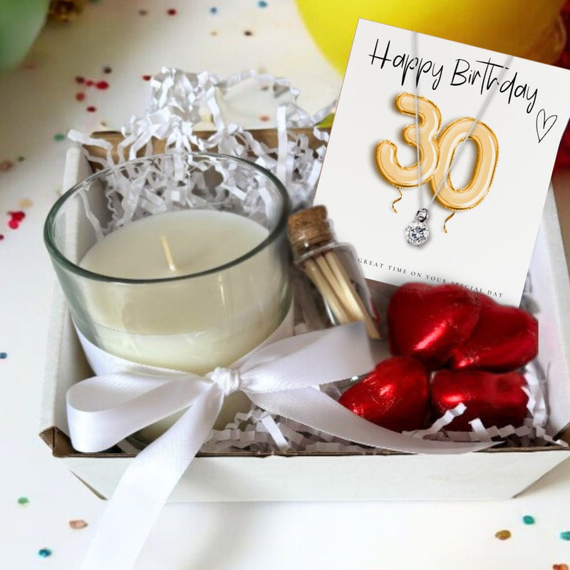 Small 30th Birthday Gold Balloons Gift Hamper Cubic Zirconia Charm Necklace Chocolates & Candle