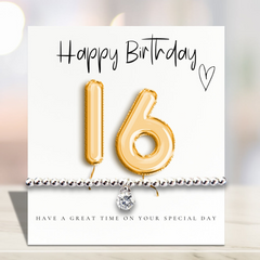 16th Birthday Cubic Zirconia Silver Bracelet and Gold Balloons Card