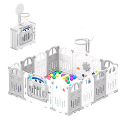 Foldable Baby Playpen with Basketball Hoop & 50Pcs Coloured Pit Balls, Toddler and Baby Play Pen Fence, 14-Panel