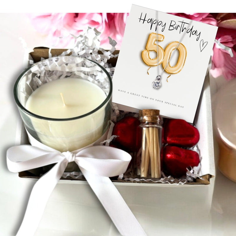 Small 50th Birthday Gold Balloons Gift Hamper Cubic Zirconia Charm Necklace Chocolates & Candle