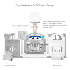 Foldable Baby Playpen with Basketball Hoop & 50Pcs Coloured Pit Balls, Toddler and Baby Play Pen Fence, 14-Panel