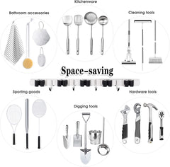 5 Holders+4 Hooks Broom Holder Wall Mounted with Nails Installation, Heavy Duty Stainless Steel Mop Holder, Brush Mop and Broom Storage Self Adhesive
