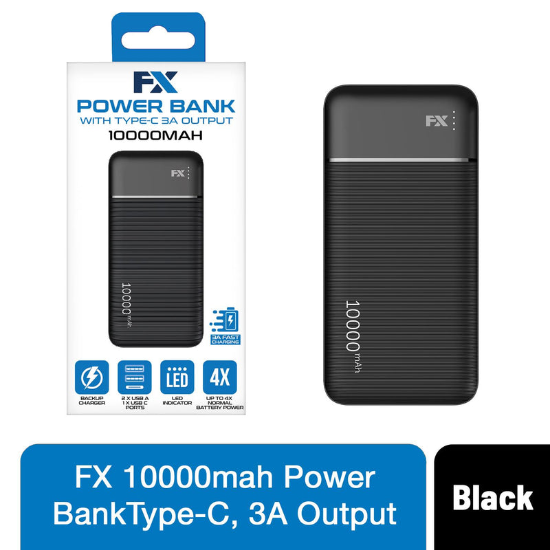 10,000 mAh Powerbank with Type-C 3A Output Black
