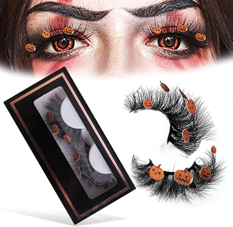 Halloween Eyelashes 3D Halloween Lashes Natural Pumpkin Eyelashes Reusable Eye Lashes Halloween False Eyelashes Natural Look Fake Eyelashes for Halloween Party, Halloween Cosplay, Gifts for Girls