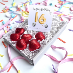16th Birthday Cubic Zirconia Silver Earrings and Gold Balloons Mini Gift Hamper