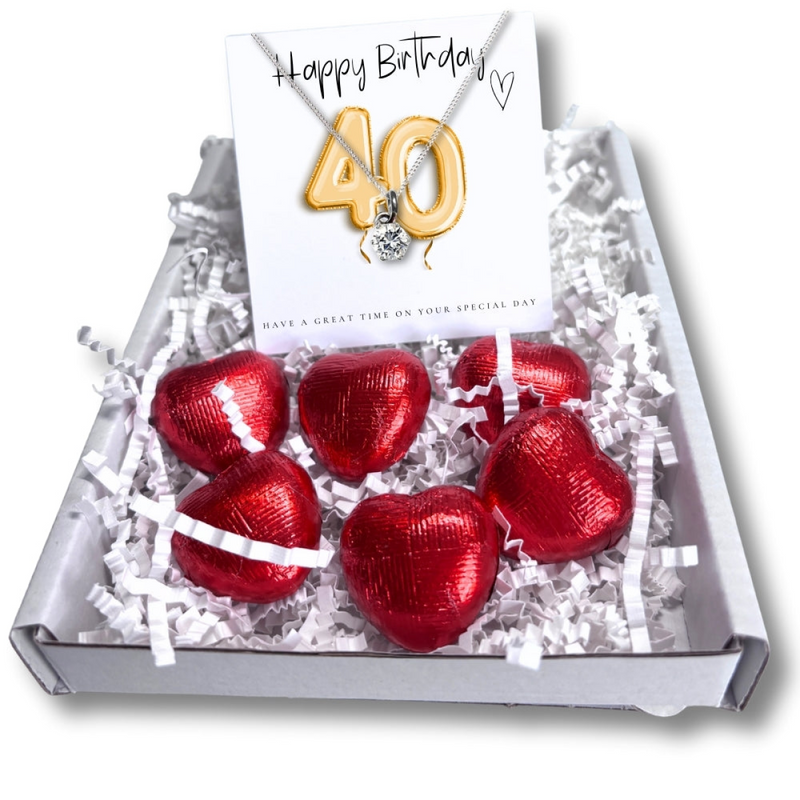 40th Birthday Cubic Zirconia Silver Necklace and Gold Balloons Mini Gift Hamper