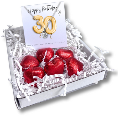 30th Birthday Cubic Zirconia Silver Necklace and Gold Balloons Mini Gift Hamper
