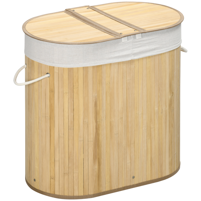 Bamboo Laundry Basket w/ 2 Compartments Washing Baskets Natural 100L
