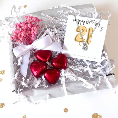 21st Birthday Cubic Zirconia Silver Necklace and Gold Balloons Mini Gift Hamper for Girls Gift Set