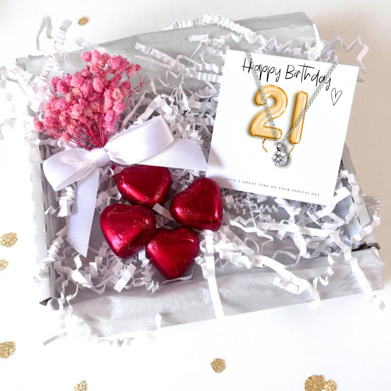 21st Birthday Cubic Zirconia Silver Necklace and Gold Balloons Mini Gift Hamper for Girls Gift Set