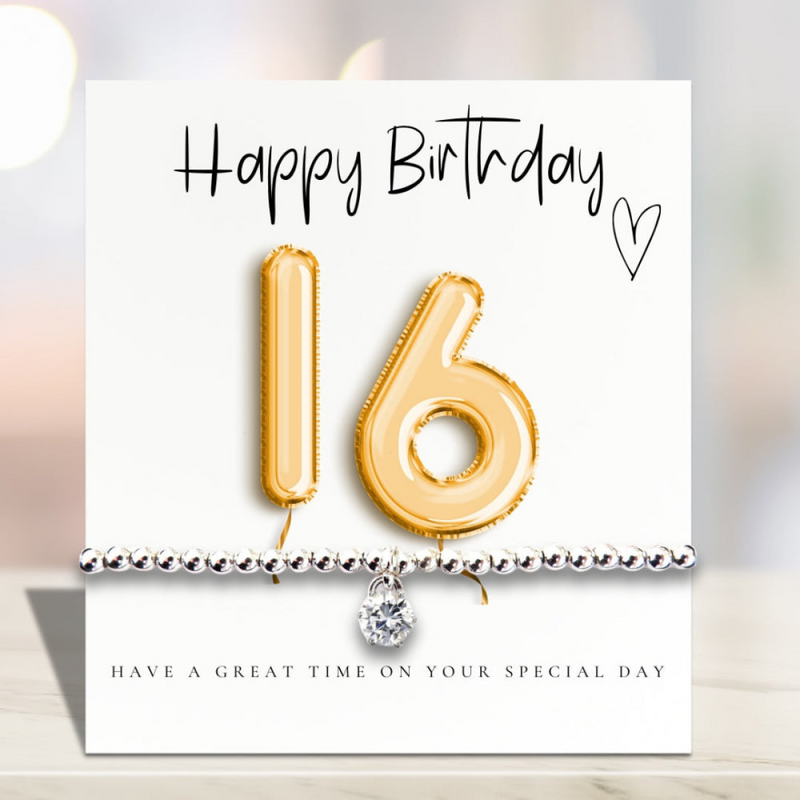 16th Birthday Cubic Zirconia Silver Bracelet and Gold Balloons Card