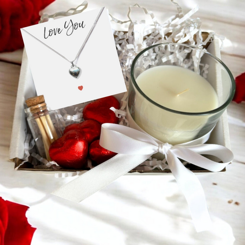 Small Love You Gift Hamper Silver Heart Necklace Chocolates & Candle