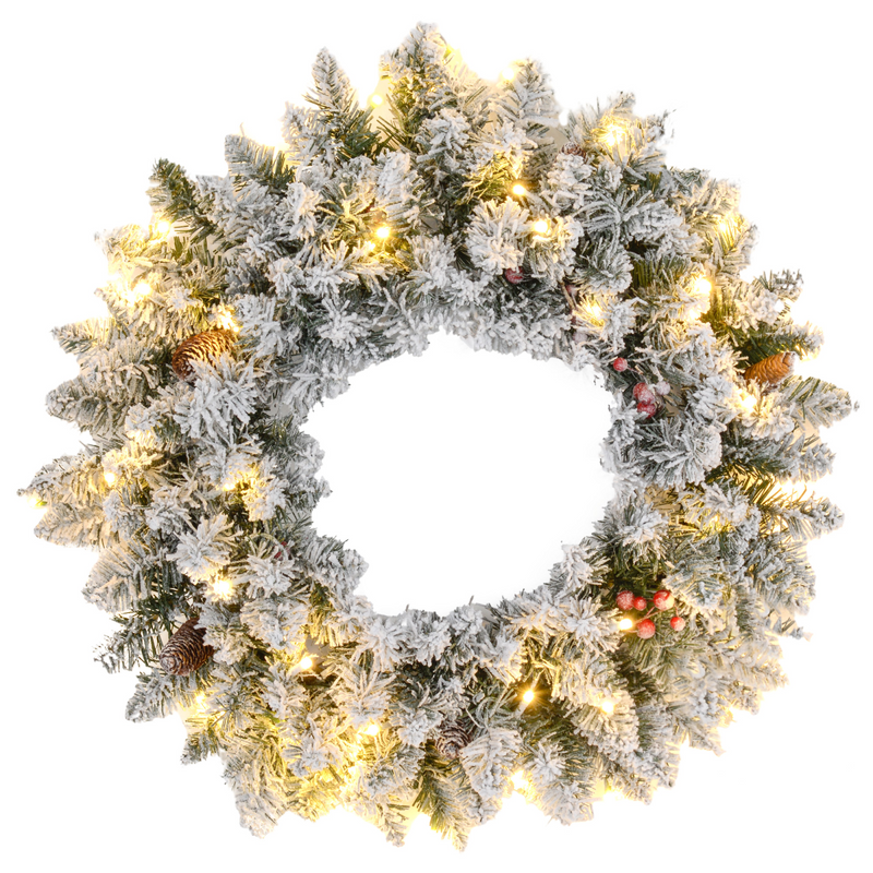 Flocked Christmas Wreath with Lights Pine Cones Red Berries Green 60cm