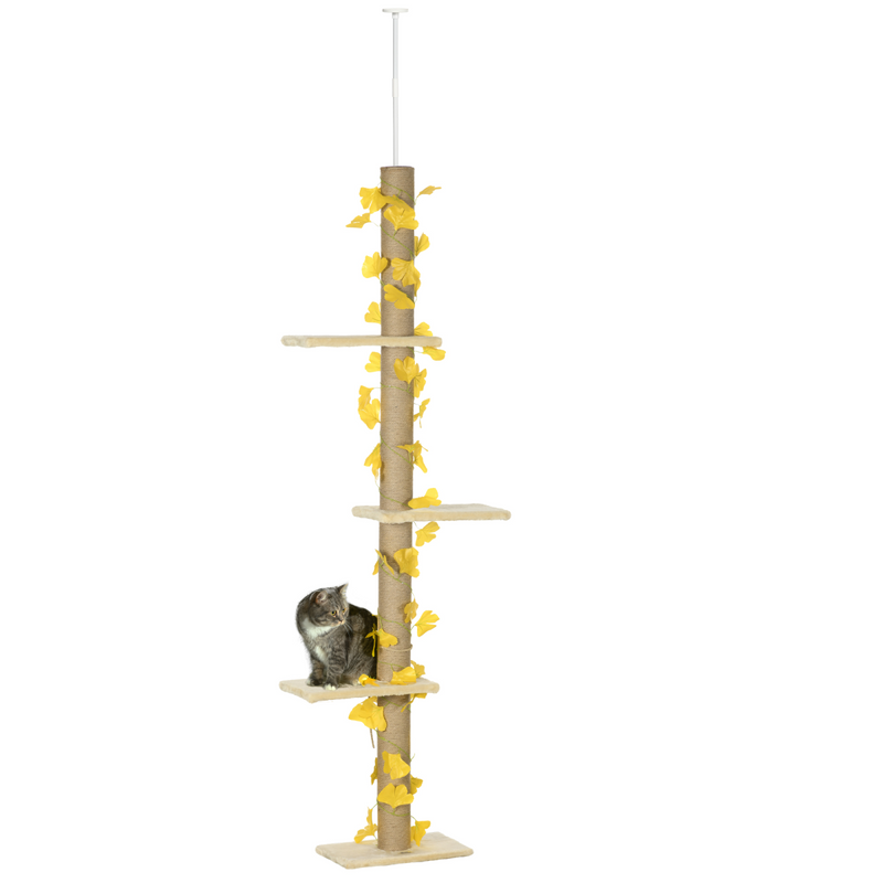 242cm Adjustable Floor-To-Ceiling Cat Tree w/ Anti-Slip Kit - Yellow