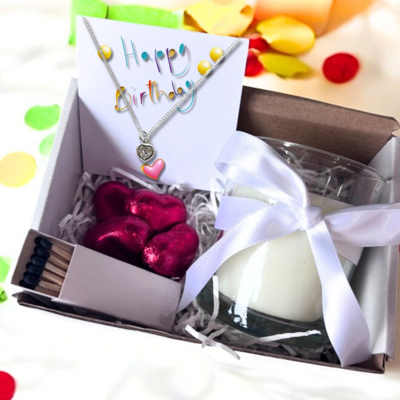Small Happy Birthday Gift Hamper Cubic Zirconia Heart Necklace Chocolates and Candle