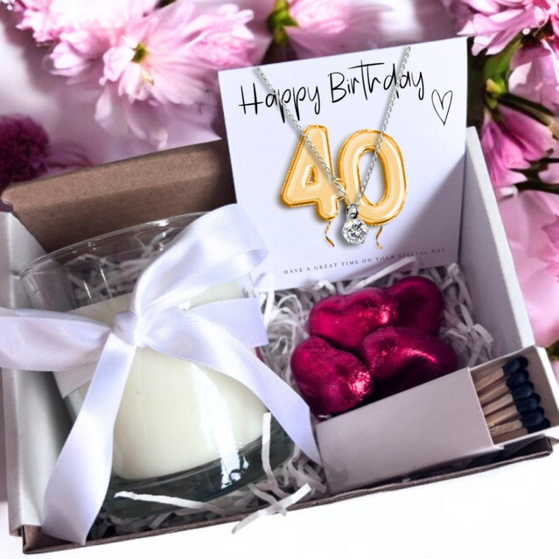 Small 40th Birthday Gold Balloons Gift Hamper Cubic Zirconia Charm Necklace Chocolates & Candle