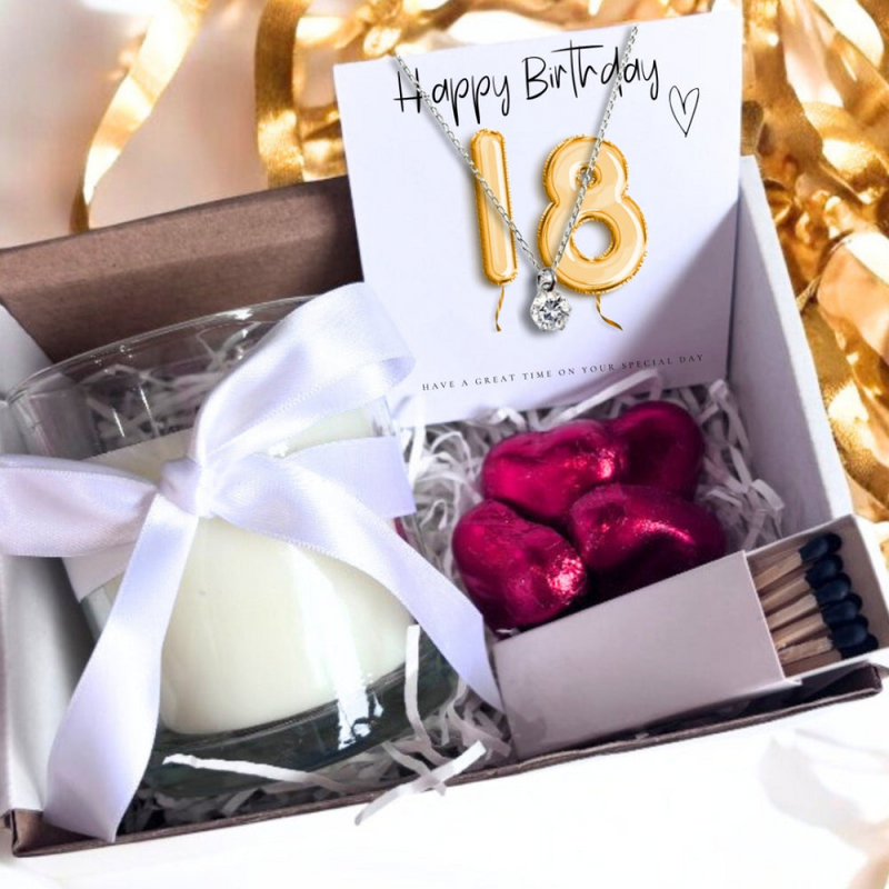 Small 18th Birthday Gold Balloons Gift Necklace Hamper Girls Candle