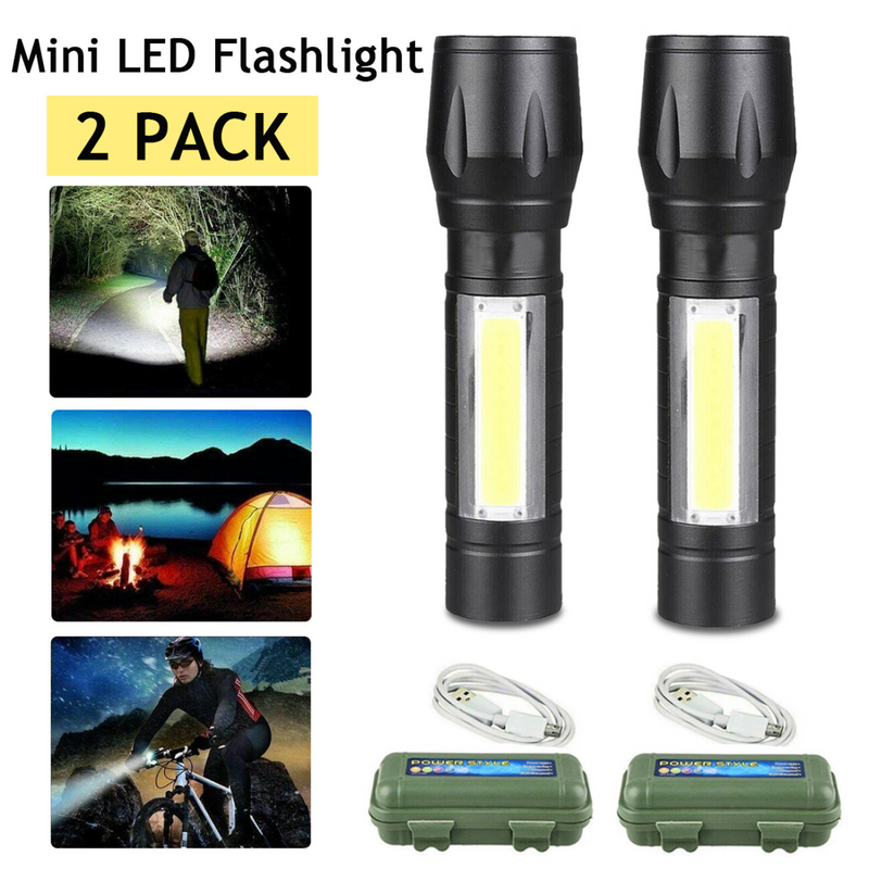 Mini Zoomable LED Flashlight USB RechargeableCamping Hiking Flashlight Work light 2Pcs