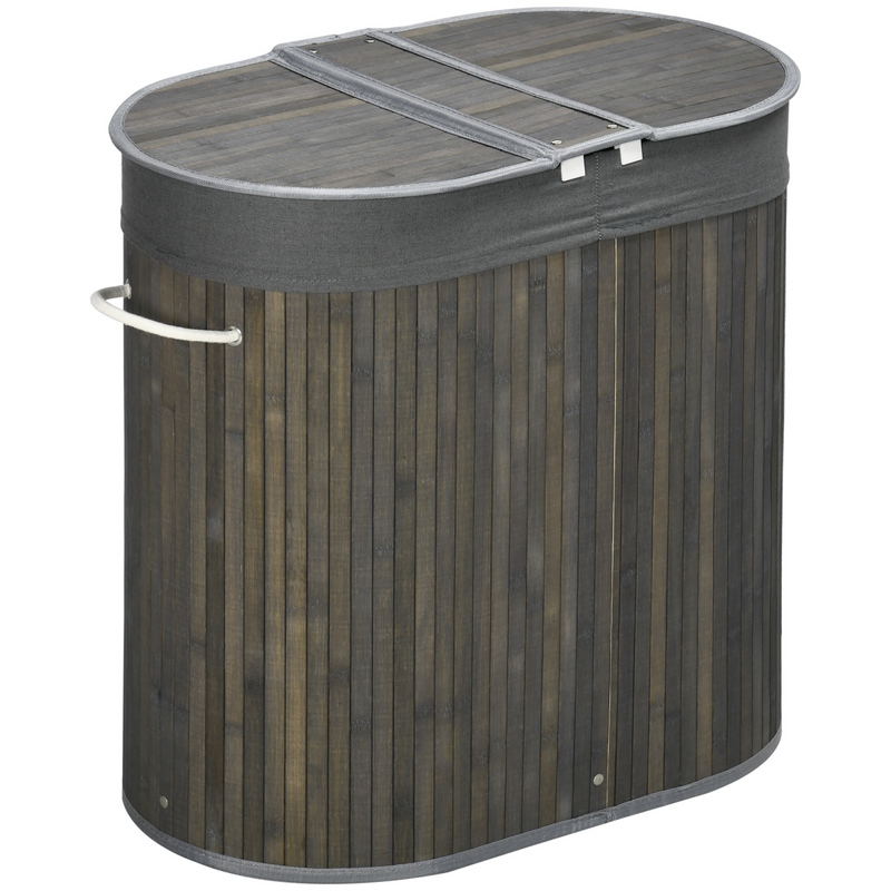 Bamboo Laundry Basket w/ 2 Compartments Washing Baskets Grey 100L